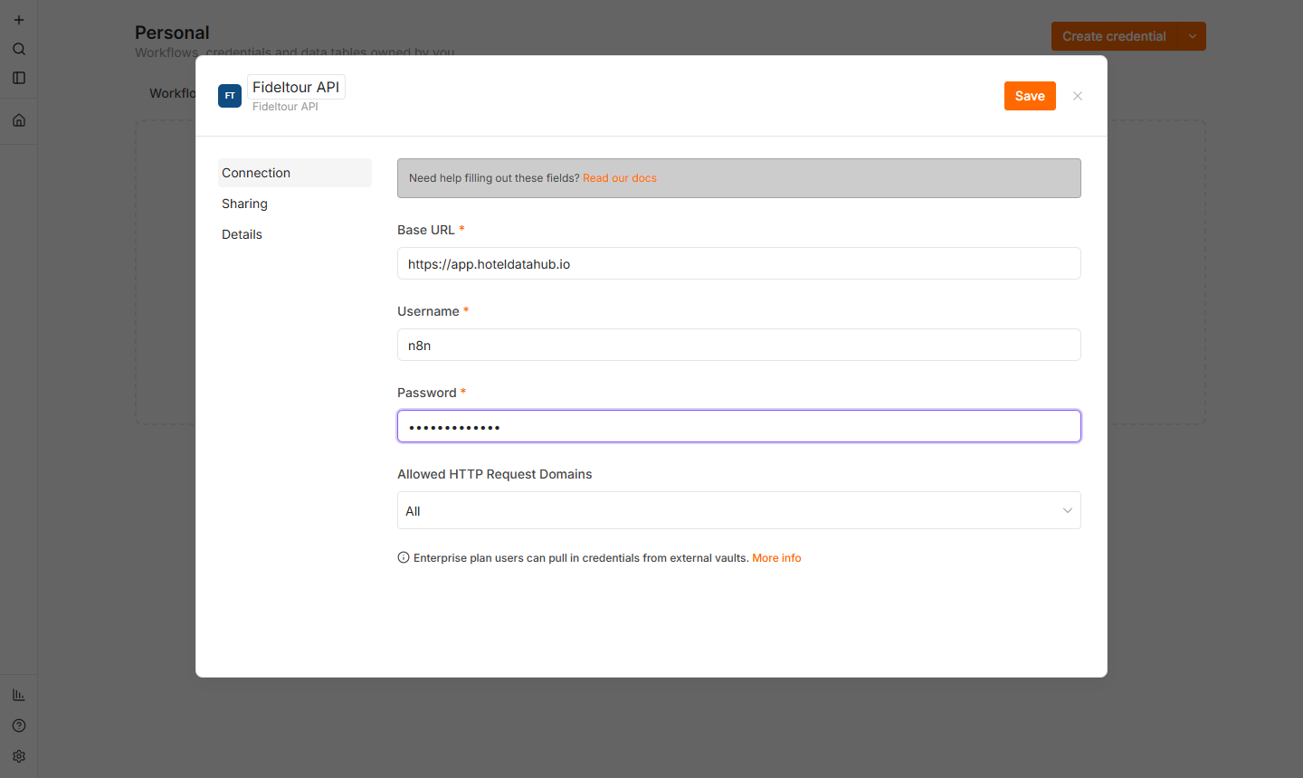 Formulario de la credencial Fideltour API con Base URL, Username y Password