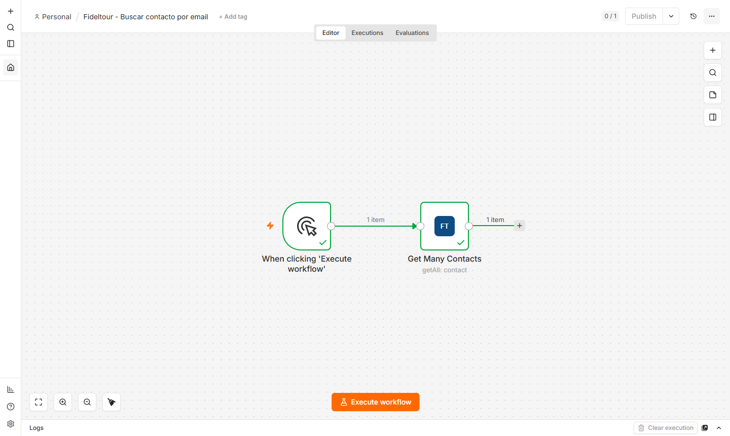 Workflow ejecutado con éxito, nodos en verde y 1 item