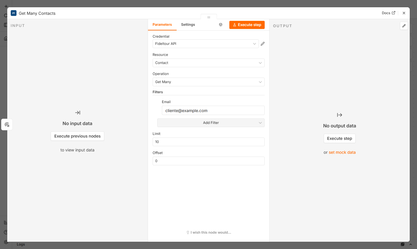 Panel del nodo Fideltour con Contact, Get Many y filtro por email