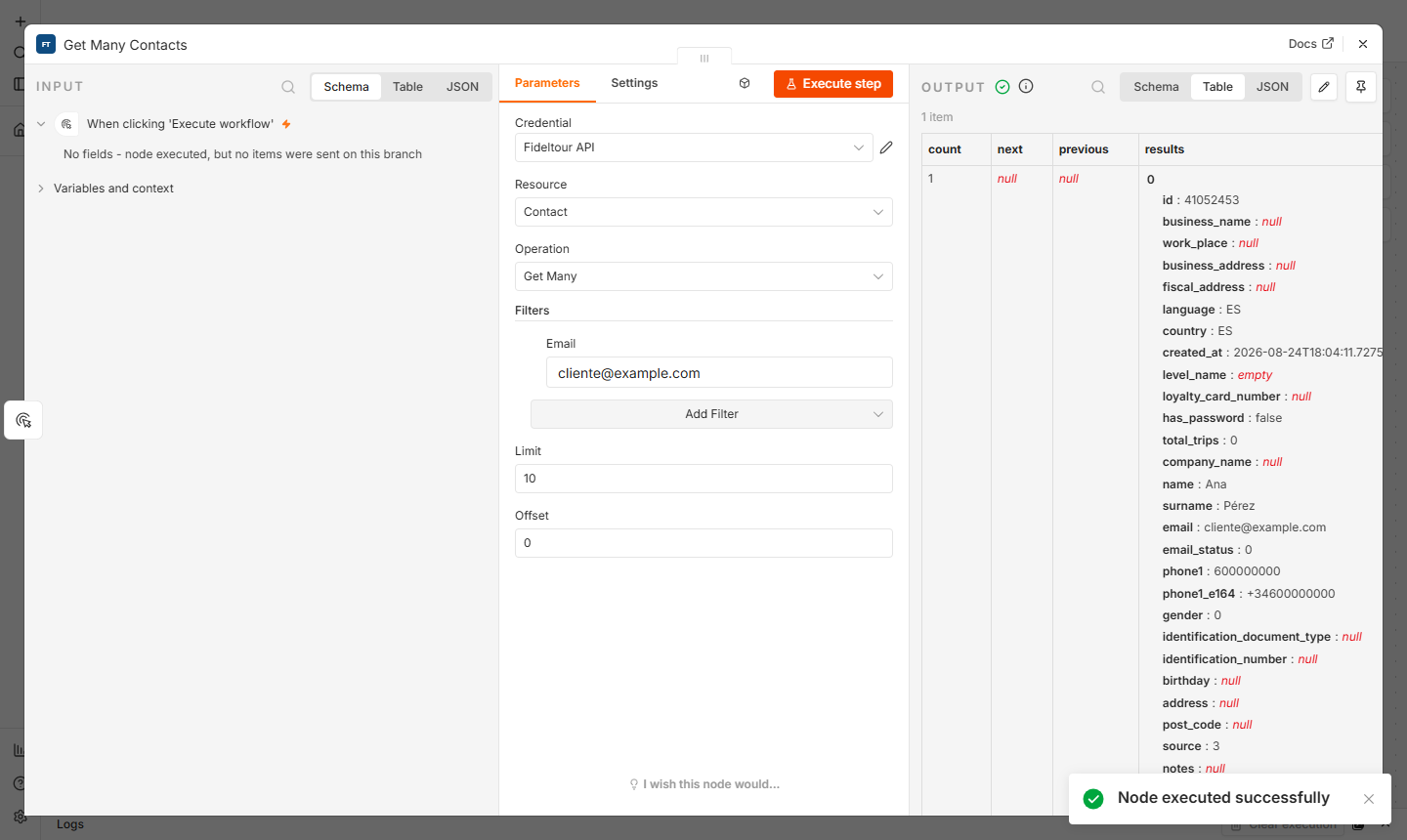 Salida del nodo con el contacto encontrado en HotelDataHub