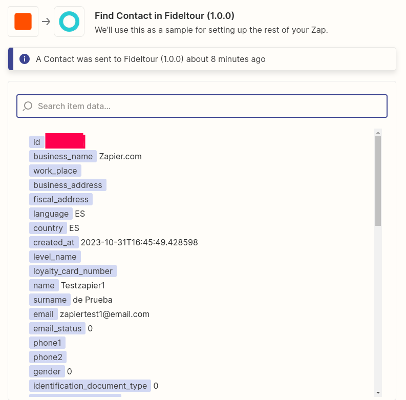 Respuesta de Find Contact con los datos del contacto y el ID