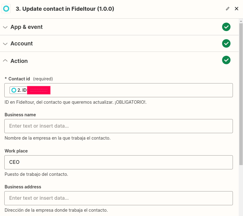 Formulario Update contact con el ID mapeado del paso anterior