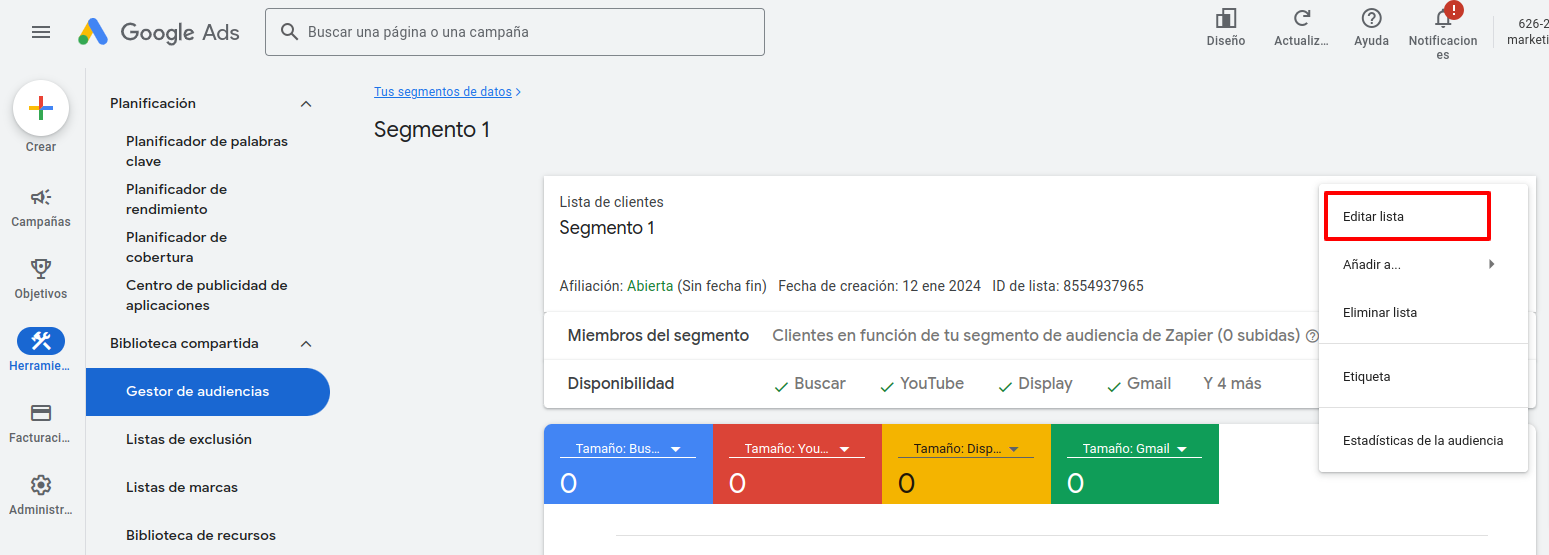 Botón Editar lista en Google Ads
