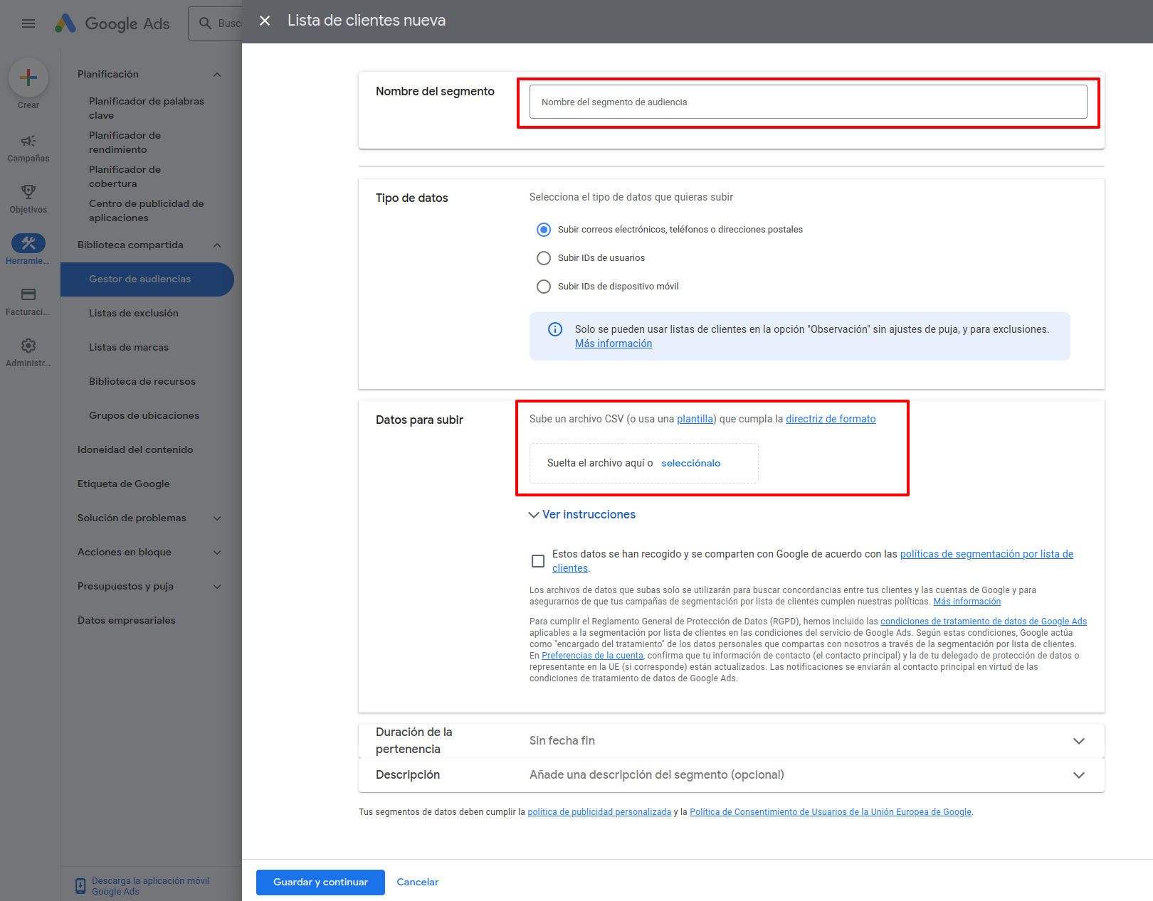 Formulario de nueva lista de clientes con carga de archivo