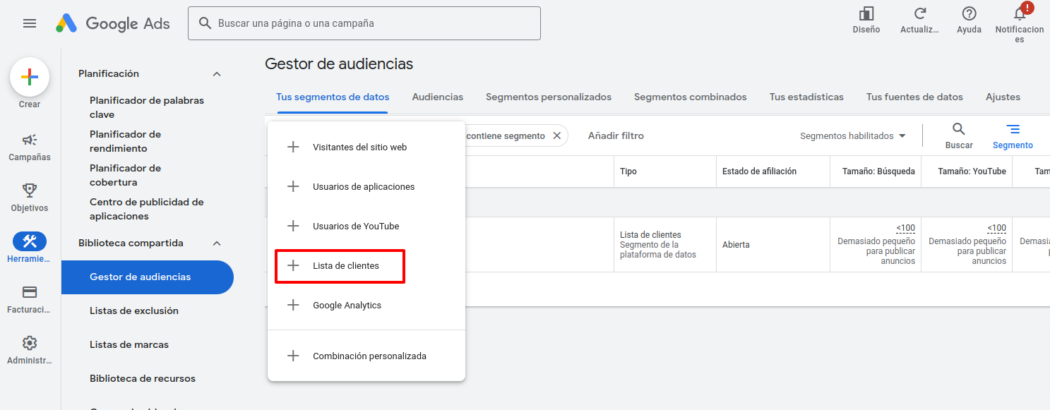 Crear lista de clientes en Google Ads