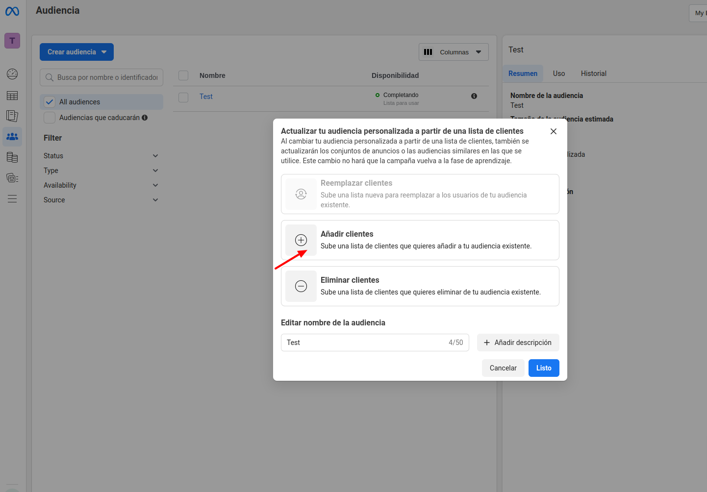 Añadir clientes a audiencia existente en Facebook