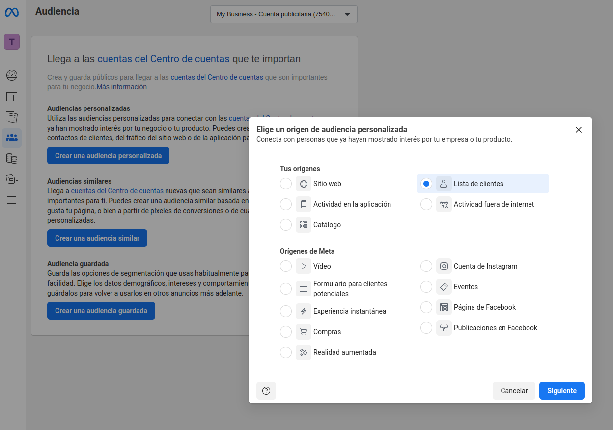 Seleccionar Lista de clientes como origen