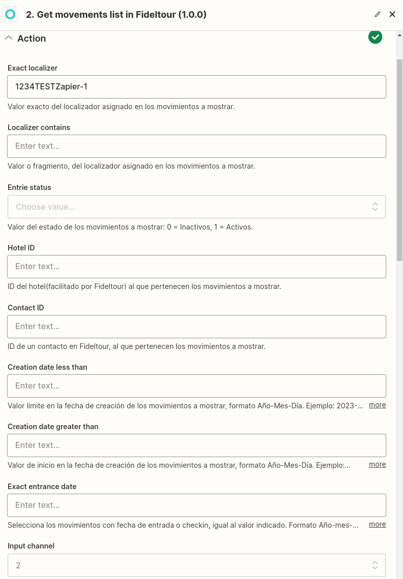 Formulario Get movements list con localizer "1234TESTZapier-1" e input_channel=2