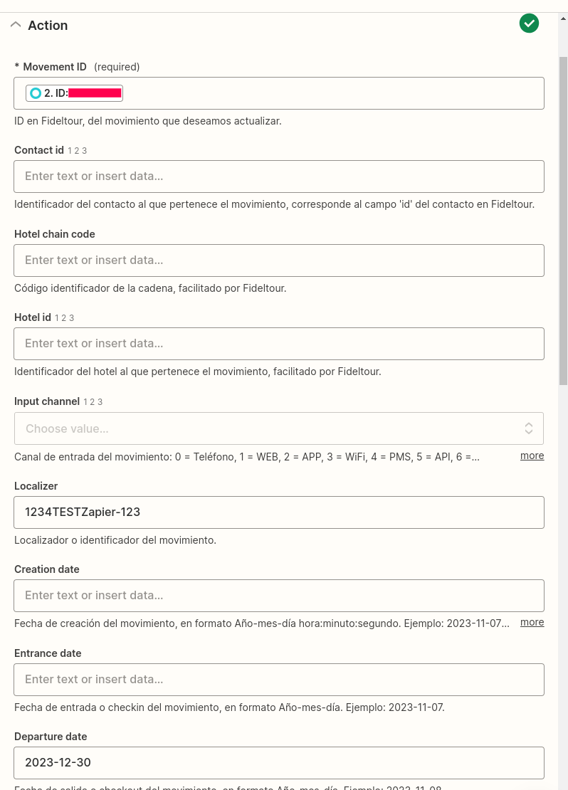 Formulario Update movement con el ID mapeado del paso anterior