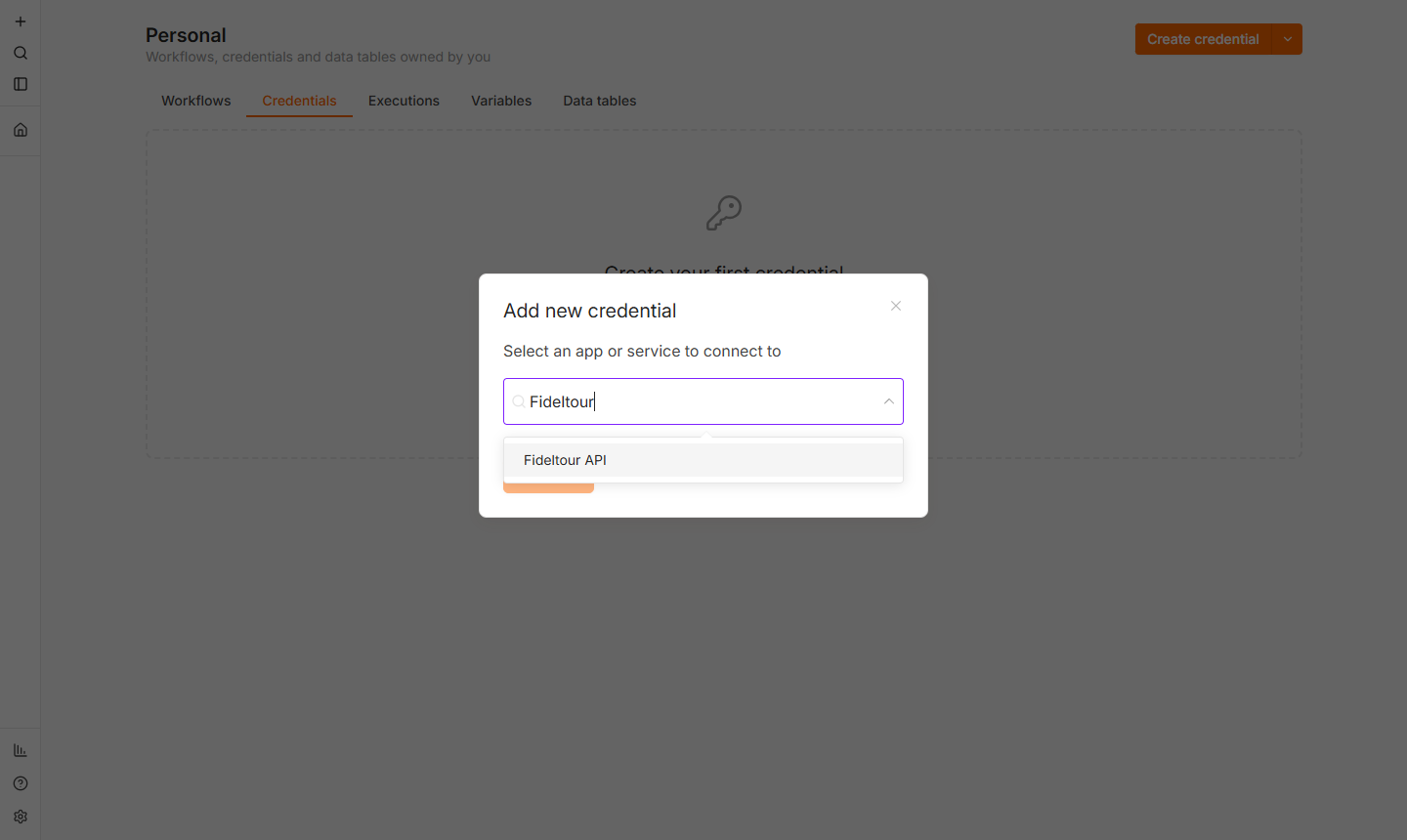 n8n credential search showing Fideltour API