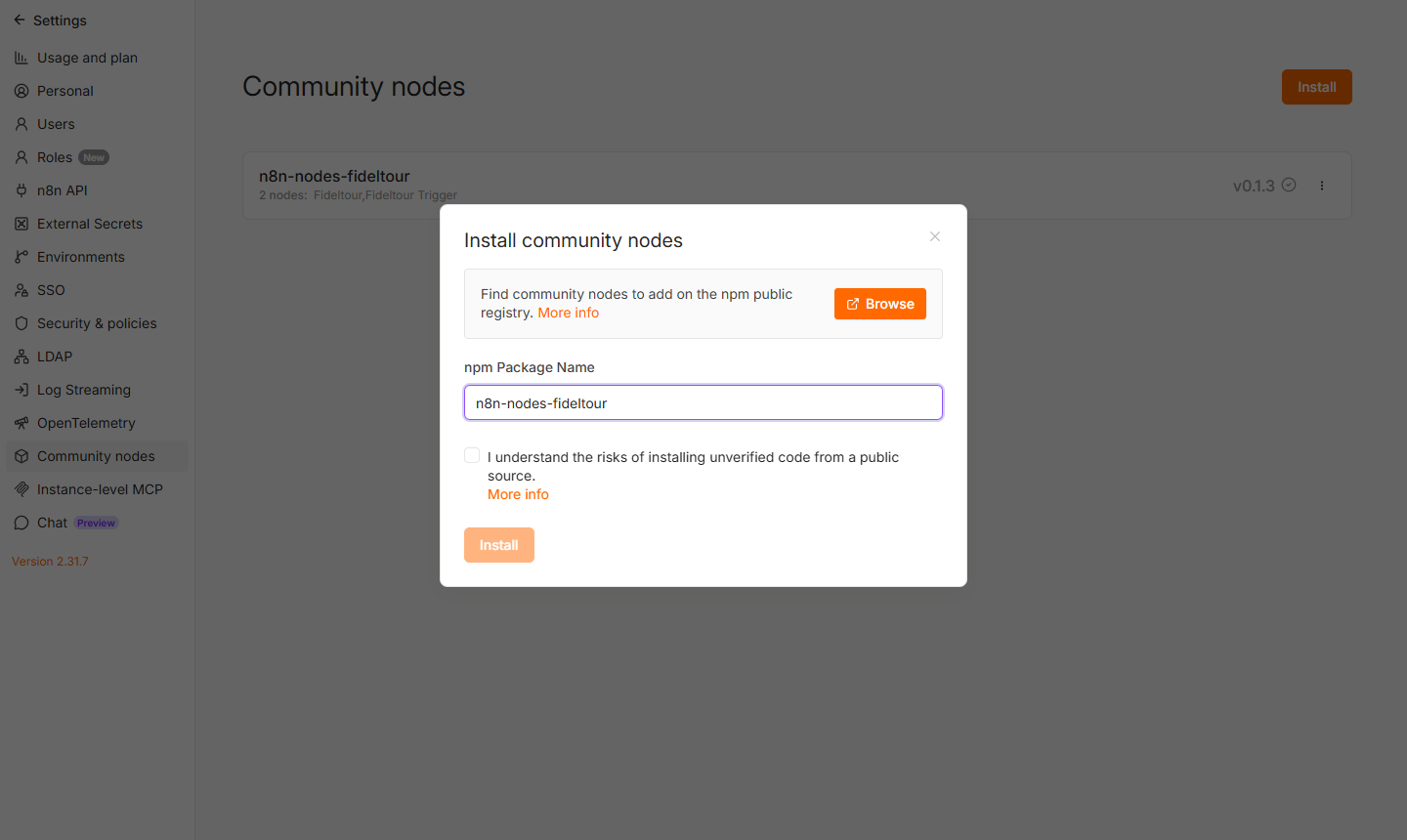 Install community nodes dialog with the n8n-nodes-fideltour package