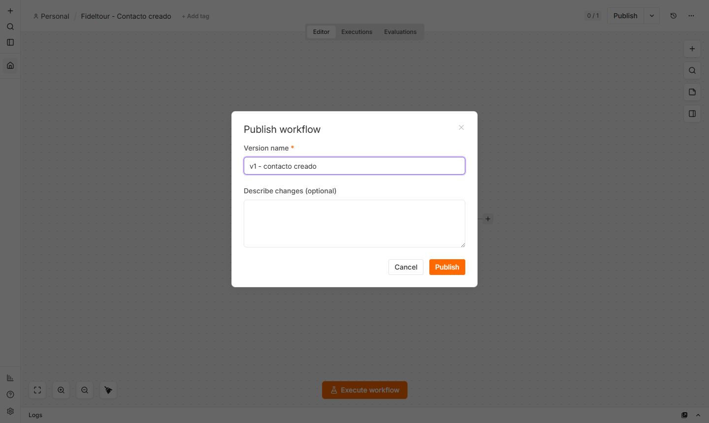 n8n Publish workflow dialog